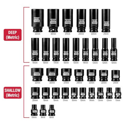 Hex Bit Impact Socket Set,35 PCS 1/2" Drive Deep and Shallow Impact Socket Set,Metric (Shallow 8-32mm and Deep 10-32mm) Sizes Socket with Durable Case for Automotive Mechanic - size: 1/2" Metric 35PC Set