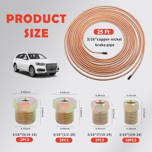 Single & Double Brake Line Flaring Tool Kit,25FT 3/16" Brake Line Kit with 16 Fittings & 5 Adapters,Copper Coated Brakes Lines Repair Kits Car Accessories for Most Vehicles