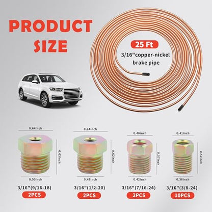 Single & Double Brake Line Flaring Tool Kit,25FT 3/16" Brake Line Kit with 16 Fittings & 5 Adapters,Copper Coated Brakes Lines Repair Kits Car Accessories for Most Vehicles