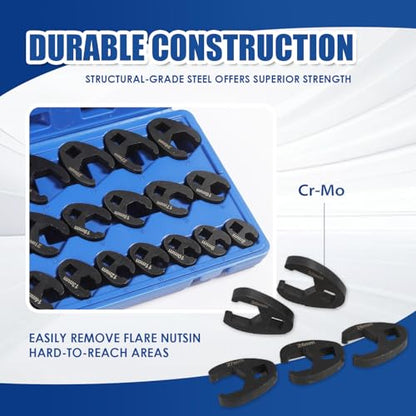 Yonligonju 19PC Crowfoot Flare Nut Wrench Set, Large & Small Metric, Fits 8 to 32 mm Flare Nuts, Works with 3/8" and 1/2" Drives Ratchets Extenders for Nut Removal