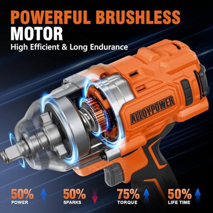 ALLOYPOWER Cordless Brushless Impact Wrench, 1475 ft-lbs (2000N.m), 1/2 High Torque power impact gun, 3-Mode Speed, 2*4000mAh Battery, 3 Sockets, Electric Impact Wrench Set for Car Tire Truck RV Mower