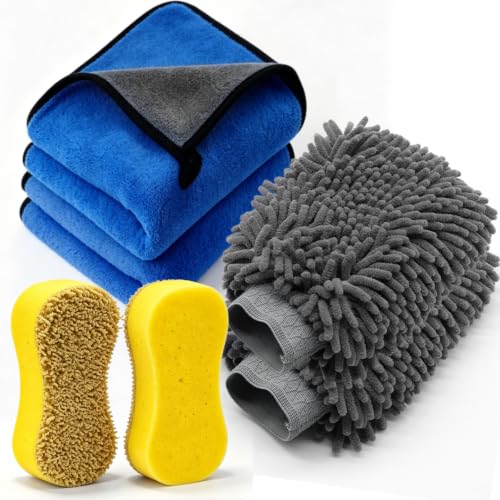 6-Pack Car Cleaning Kit: 2 Scratch-Free Microfiber Wash Mitt, 2 Car Wash Sponge & 2 Microfiber Towels for Cars – Complete Car Wash Set for a Streak-Free Shine - color: 6 Pack