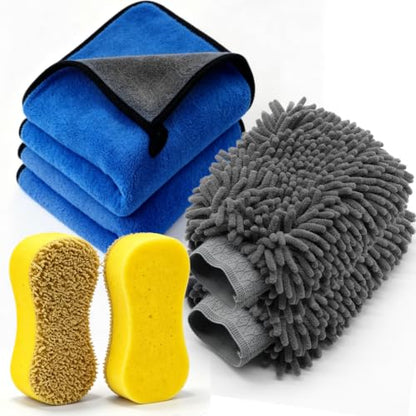 6-Pack Car Cleaning Kit: 2 Scratch-Free Microfiber Wash Mitt, 2 Car Wash Sponge & 2 Microfiber Towels for Cars – Complete Car Wash Set for a Streak-Free Shine - color: 6 Pack
