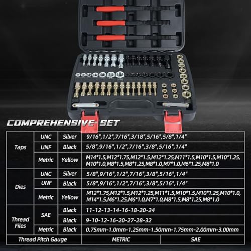 61Pcs Thread Restorer Tool, Heat-Treated Carbon Steel for Automotive and Mechanical Repair | Metric and SAE Dual-Standard Taps and Dies, UNC/UNF/M6-M14 Thread Chasers - size: 61 Pcs
