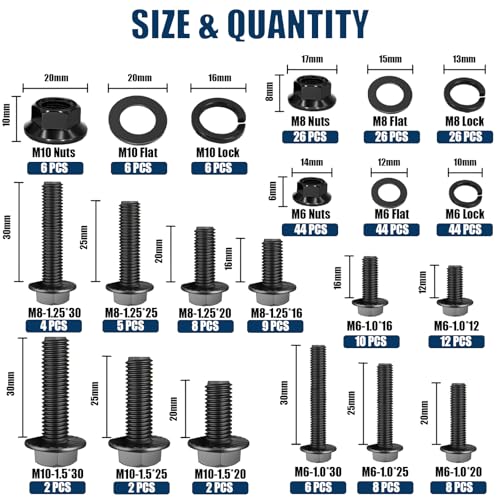 304PCS Metric Flange Bolt Assortment Kit 10.9 Grade Black Hex Bolts M6x1.0, M8x1.25, M10x1.5 (12mm to 30mm) Assorted Bolts and Nuts Washers Kit for Automotive - size: Flange Bolts-304PCS KIT