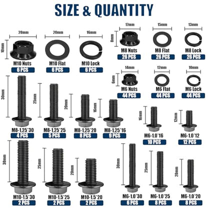 304PCS Metric Flange Bolt Assortment Kit 10.9 Grade Black Hex Bolts M6x1.0, M8x1.25, M10x1.5 (12mm to 30mm) Assorted Bolts and Nuts Washers Kit for Automotive - size: Flange Bolts-304PCS KIT