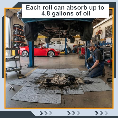 Tigeen 2 Roll Oil Absorbent Pads 15 in x 50 ft Gray Absorbing Mat with Tear Lines Cut to Fit Sheets for Garage Floor Automotive Maintenance Home Basement Spill Cleanup and Leak Drip Protection