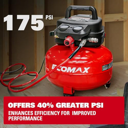 ECOMAX 6 Gallon Pancake Air Compressor 175PSI 3 CFM @ 90 PSI | Oil-Free Pump, 10 Accessories Kit, Dual Quick Couplers, for Brad Nailers, Air Tools & Tire Inflation - style: Accessories Kit