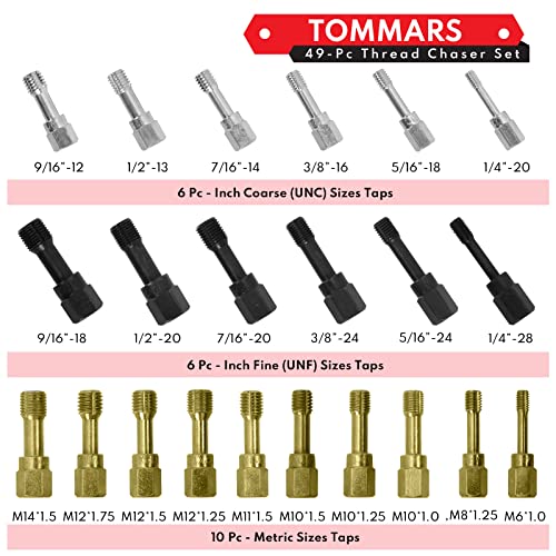 TOMMARS 49-Piece Thread Chaser Set for UNC, UNF and Metric Threads | Thread Repair Kit with Taps, Dies and Thread Files for Rethreading, Restoring and Cleaning Internal and External Threads - size: Metric and SAE