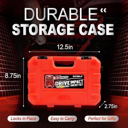 DIYSELF 95PCS 3/8" Drive Socket Set, 6-Point Metric & SAE Impact Socket Set | Laser-Etched Size Markings, Cr-V Steel Ratchet Set for Fasteners, Spark Plug Socket for Auto Repair, Garages and Mechanics