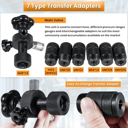 GK-01 Hydraulic Accumulator Nitrogen Charging System Nitrogen Fill Kit Pressure Test Gauge Kit Gas Charging Tool 3 Gauge 7 Couplings Gas Hose Main Valve CGA580 Adapter 100/250/400Bar 1500/4000/6000PSI - style: 3 Gauges 7 Test Couplings