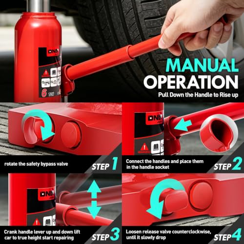 DNA Motoring 6 Tons Hydraulic Car Bottle Jack, Red, 12000 lbs Capacity | Automotive Welded Bottle Jack For Car SUV Pickup Truck, Auto Repair House Lift, with Manual handle & Carrying Storage Case - color: red, style: 6 ton