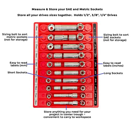 TOOL SORTER SOCKET ORGANIZER (RED) | Reduce Frustration, Save time| Easy-to-Read Labels | Metric & SAE | Professional Quality Tool Organizer | Made in USA