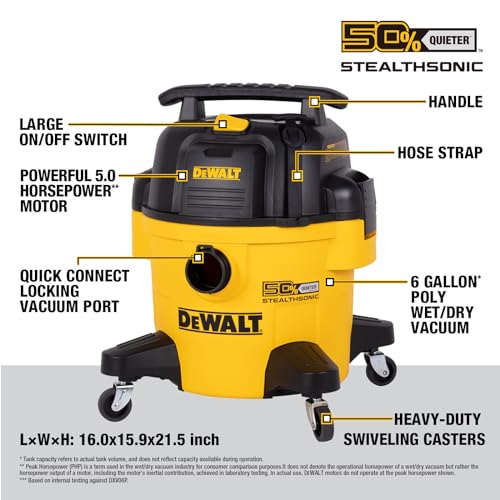 DEWALT STEALTHSONIC Wet Dry Shop Vac 6 Gallon 5 HP, DXV06P-QT | Ultra Quiet Motor with Powerful Suction, Complete Matching Attachment Set for Garage, Workshop, Jobsite and Basement - size: 6 Gallon (1 Dust Bag)