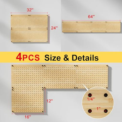 VOIMO Bamboo Pegboard Wall Organizer, 4 Panels, 16 x 12 in, 35 Hooks | Wall-mounted storage for tools, craft supplies, office essentials, kitchen accessories, and small hardware for garage use - size: 16'' X 12'' (4 Panels)