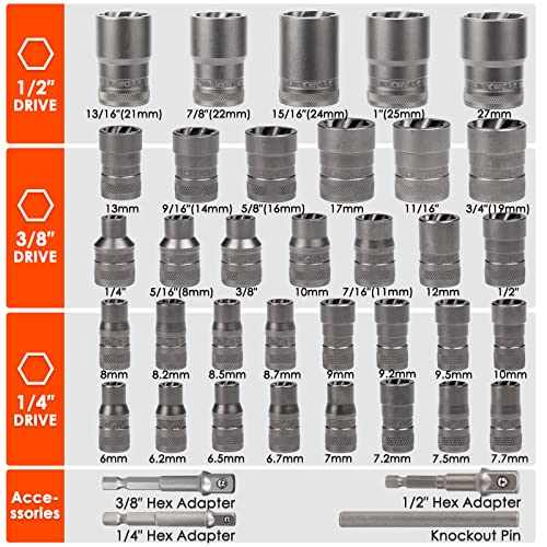 38 Pcs Bolt Extractor Kit, 1/4" 3/8" 1/2" Drive Impact Bolt & Nut Remover | for Damaged, Rusted, Rounded-Off, Stripped Fasteners, 6-27mm, Cr-Mo Steel, Compact Design for Tight Spaces, Storage Case