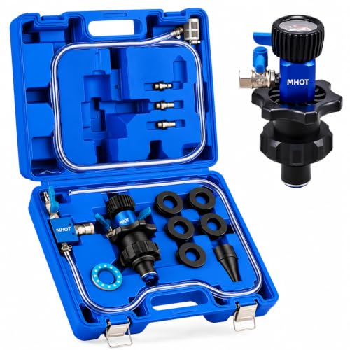 Mhot Cooling System Vacuum Refill Kit, Fast Air Purge Coolant Filling Kit of 15 Pack,Universal Radiator Coolant Vacuum Fill Tool with Dual-Movement Pressure Gauge,Vacuum Leak Tester & Conical Adapter - color: BLUE