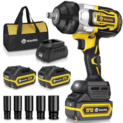 Cordless Impact Wrench 1/2 inch Impact Gun with Charger & 5 Sockets, Brushless Motor, 1000Ft-lbs, 21V, 2x4.0Ah Battery, Variable Speeds for Car/Pickup Truck/Mower/Industrial Tasks - style: 1000 Ft-lbs / 2 xBattery