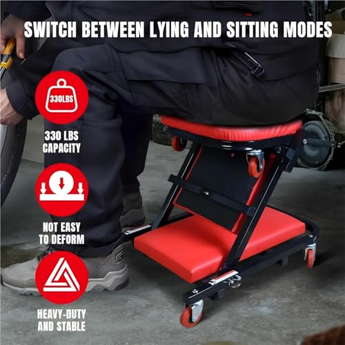 Under Car Roller Creeper 300 lbs Capacity Z Creeper Seat 36 Inch 2 in 1 Black Foldable Low Profile Garage Chair with 6 Wheels Mechanic