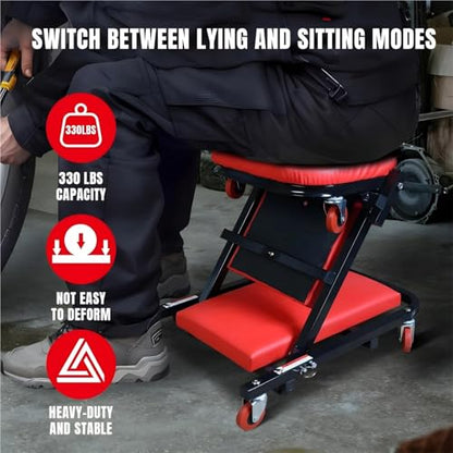Under Car Roller Creeper 300 lbs Capacity Z Creeper Seat 36 Inch 2 in 1 Black Foldable Low Profile Garage Chair with 6 Wheels Mechanic