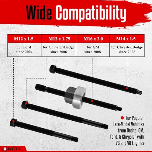 WETT Harmonic Balancer Installer Tool Set, 5-Piece Long Reach Crank Pulley Underdrive Damper Puller Installation Tool Kit, 4 threaded rods and 1 Bearing Press Hex Nut