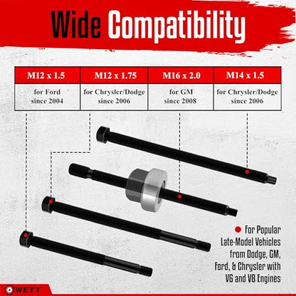 WETT Harmonic Balancer Installer Tool Set, 5-Piece Long Reach Crank Pulley Underdrive Damper Puller Installation Tool Kit, 4 threaded rods and 1 Bearing Press Hex Nut