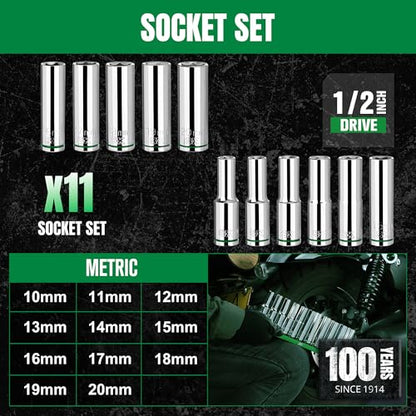 SK 1/2" Drive Socket Set, Deep Metric Sockets, 11-Piece 10-20mm | SuperKrome Finish, Premium CR-V Steel, with Aluminum Socket Organizer - size: Deep, style: Metric