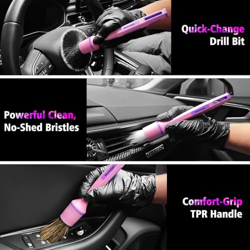 YeewayVeh 3PCS Car Detailing Drill Brush Set, Mixed Detail Brushes, Pink | No Scratch Boars Hair & Ultra Soft Detailing Brushes for Air Vent, Leather Seat, Interior Exterior, Drill Attachment Included - color: Pink