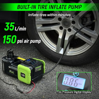 Electric Car Jack 5 Ton 11000lbs 4 in 1 12V Hydraulic Floor Jack Kit with Electric Impact Wrench & Tire Inflator Pump Digital Display Lift Range 6.1-17.7 Inch for SUV Sedan Truck Emergency Tire Change