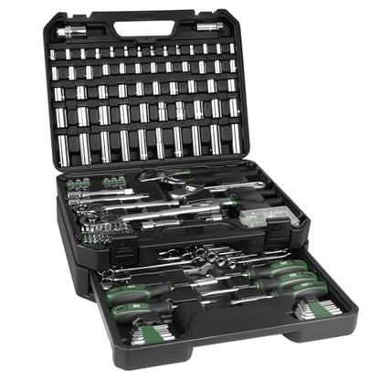 Prostormer Mechanics Tool Set with SAE & Metric Sockets, Green | 279-Piece, Chrome-Vanadium Steel, 1/2", 3/8" Quick-Release Ratchets for Auto and Machine Repairs - color: Green