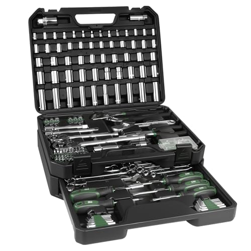 Prostormer Mechanics Tool Set with SAE & Metric Sockets, Green | 279-Piece, Chrome-Vanadium Steel, 1/2", 3/8" Quick-Release Ratchets for Auto and Machine Repairs - color: Green