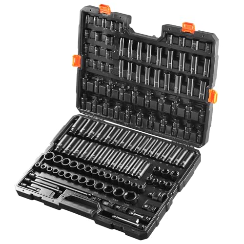 VEVOR Impact Socket Set 130 Piece 3/8" & 1/2" - SAE & Metric Drive Socket Set - 6 Point Cr-Mo Alloy Steel for Auto Repair - Easy-to-Read Size Markings - Includes Storage Case - style: 1/2" & 3/8" 130PCS CR-MO