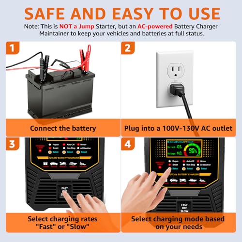 PLXX 12V 24V 0-15A Automatic Car Battery Charger Heavy Duty, Smart Trickle Charger, Battery Repairer with Auto Shut-Off, for Car Truck Motorcycle Boat RV Lawn Mower AGM Gel Wet MF Deep Cycle