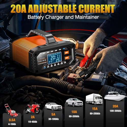 2026 Upgraded 0.5/2/5/10/15/20Amp Adjustable Current Battery Charger, 12V/24V Smart Car Battery Trickle Charger Maintainer w/Auto Shutoff, Desulfator, for LiFePO4 AGM, STD, Gel, Deep Cycle Batteries