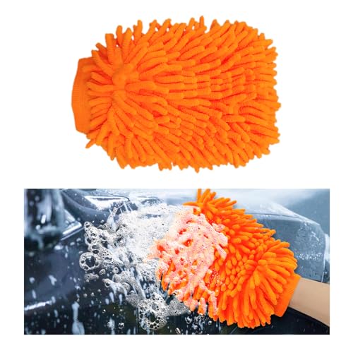 Ziciner Premium Microfiber Wash Mitt, Soft Scratch-Free Double-Sided Chenille Washing Gloves Perfect for Car Washing and Detailing (Orange, Large) - color: Orange