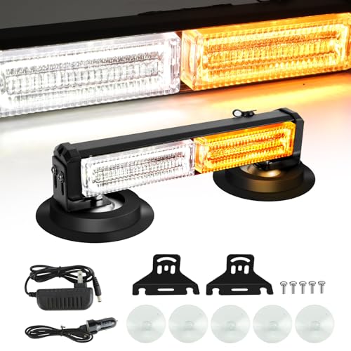 20LED Mini LED Emergency Strobe Lights Bar, Battery Powered Wireless Rooftop Magnetic Beacon Warning Light, with 12V Rechargeable Plug Safety for Trucks, Vehicles and Snowplow (Amber White)