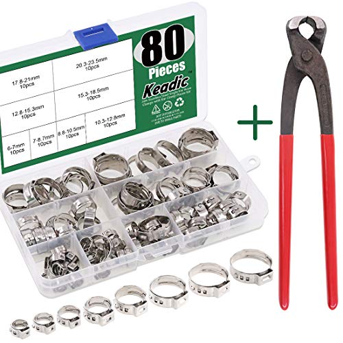 Keadic 81Pcs Single Ear Hose Clamps, 6-23.5mm Stepless Hose Clamps with Ear Clamp Pincer 304 Stainless Steel Ear Clamps Crimp Pinch Tools for Automotive Home Appliance