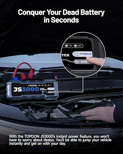 TOPDON Car Battery Jump Starter, 3000A Peak Portable Jump Starter Battery Pack for 12V Vehicles, Up to 8L Gas/6L Diesel Engines, Battery Booster with Jumper Cables, LED Flashlight and EVA Case