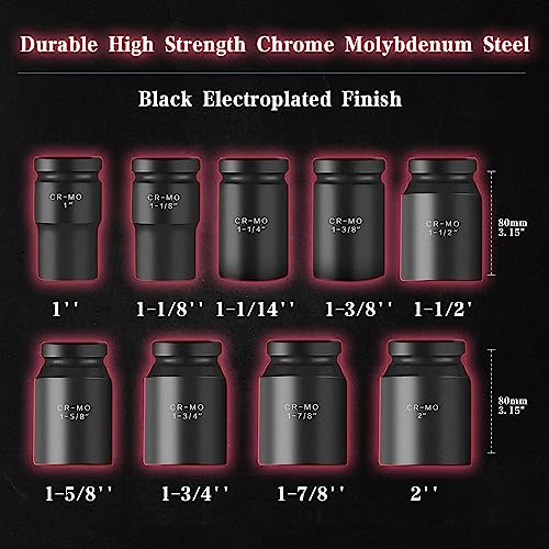 TONYNOL 1 Inch Drive Deep Impact Socket Set,9 Pieces,6-Point,SAE Sizes (1",1-1/8",1-1/14",1-3/8",1-1/2",1-5/8",1-3/4",1-7/8",2"),Cr-Mo Steel - size: 1"Drive 9PC SAE (1"-2") Deep