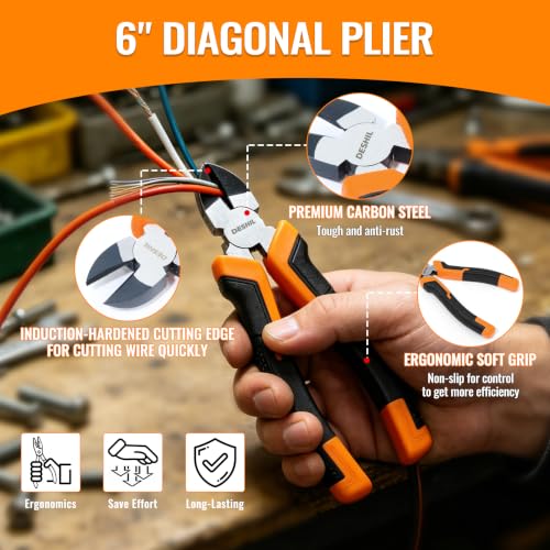 DESHIL 4-Piece Carbon Steel Pliers Set, 8-Inch Slip-Joint, 7-Inch Lineman's, 6-Inch Needle-Nose and 6-Inch Diagonal-Cutting Pliers with Non-Slip Handles for DIY, Automotive and Home Repairs