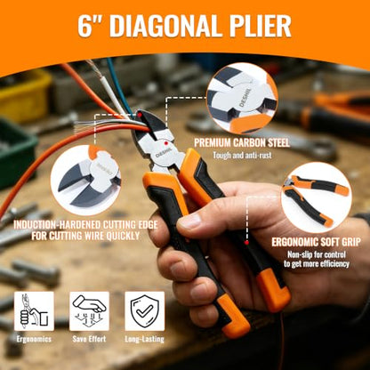 DESHIL 4-Piece Carbon Steel Pliers Set, 8-Inch Slip-Joint, 7-Inch Lineman's, 6-Inch Needle-Nose and 6-Inch Diagonal-Cutting Pliers with Non-Slip Handles for DIY, Automotive and Home Repairs