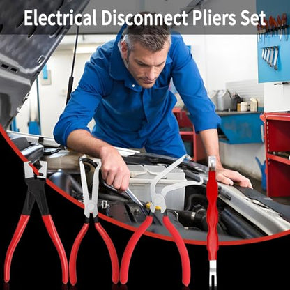 4 Piece Automotive Electrical Disconnect Pliers Kit, High-Carbon Steel Connector Separator Tool with Straight & 60° Tips, Hose Clamp Plier & 18pcs Pin for Cars SUVs Fuel Line Repair (Storage Box)