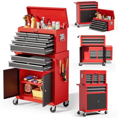10-Drawer Rolling Tool Chest with Wheels, 2 in 1 Lockable Tool Box with Drawers, High-Capacity Mechanic Tool Organizer, Adjustable Shelf & Detachable Top Cabinet for Workshop Garage, Red&Black - color: Red&black