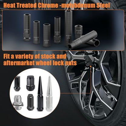 8Pcs Wheel Lock Removal Kit, Locking Lug Nut Master Key Set for Easily Removing Spline and Hex Style Aftermarket Wheel Lug Nuts, 5, 6, 7, 12 Spline and Spike Lug Nut Socket Key