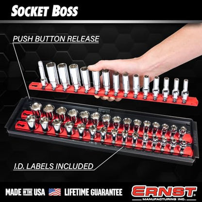 Ernst Manufacturing 2 Pack of Socket Boss with 18" Rails, 1 Red & 1 Blue for Complete Multiple Drive Size Socket Organization, Holds 114 Sockets - Made in USA (Patented)