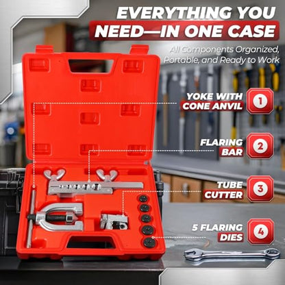 Flexzion Brake Line Flaring Tool Kit with Tubing Cutter & Case, 45° Single & Double Flare Tool for Brake Lines, Copper, Aluminum, Brass, Magnesium & Soft Steel, 5 Adapters for 1/8"–5/8" Tubing