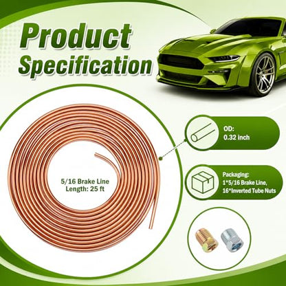 25Ft 5/16 Brake Line Kit with 16PCS Inverted Tube Nuts,Flexible 5/16 Copper Tubing Kit,Copper Coated Car Brakes Line Repair Kits for Hydraulic Fuel Transmission System