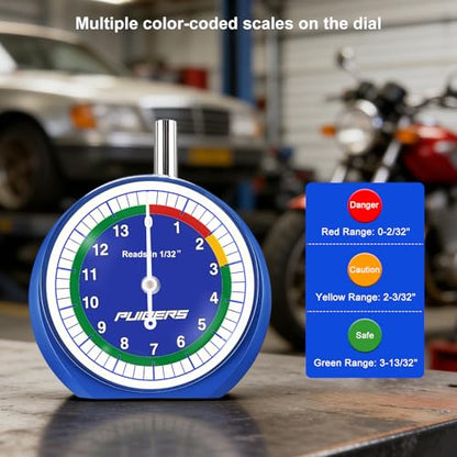 Tire Tread Depth Gauge 32nds, Luminescent Dial Tire Depth Gauge with Storage Bag,Professional Thread Depth Gauges for Cars, Trucks, Motorcycles