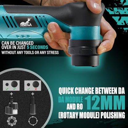 AUTIWOZ Cordless Mini Polisher Fast Change 1/3inch 12mm and 3mm Orbital, DA/RO Small Polisher for Car Detailing 6 Speeds, 2Pcs 2000mAh Li-ion Batteries, with Collet, Cone Cylinder Polishing Pads