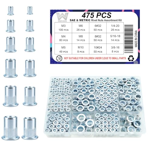 475 Pcs Metric and SAE Rivet Nut Kit, M3 to M10, 6#32 to 3/8 | Zinc-Plated Carbon Steel, M3-0.5 M4-0.7 M5-0.8 M6-1.0 M8-1.25 M10-1.5, 6#32 8#32 10#24 1/4-20 5/16-18 3/8-16 - size: M & SAE Kit (475 Pcs)
